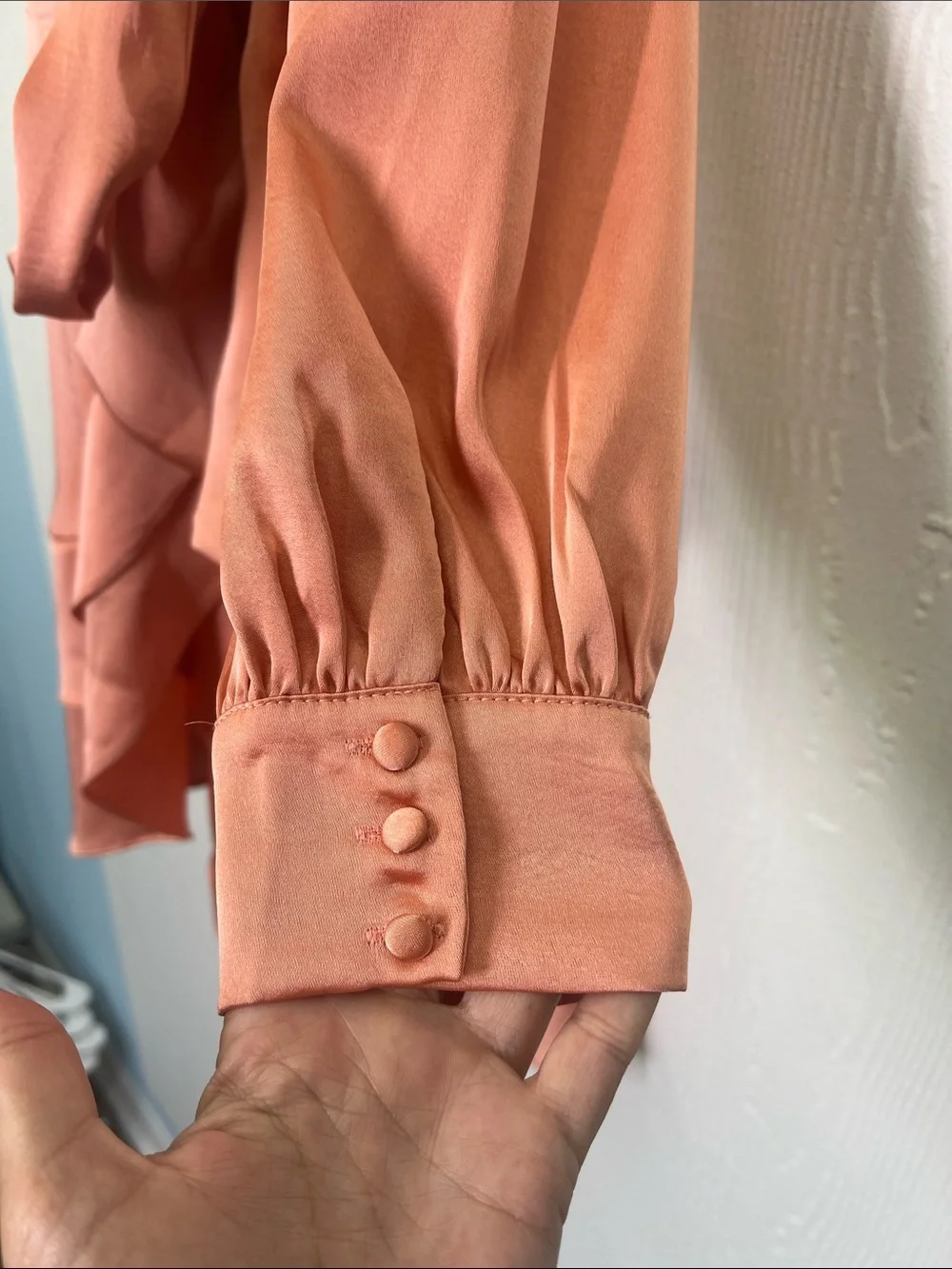 Lulus - Glow Forever Peach Pink Long Sleeve Ruffled Wrap Mini Dress Size Medium - Picture 7 of 10